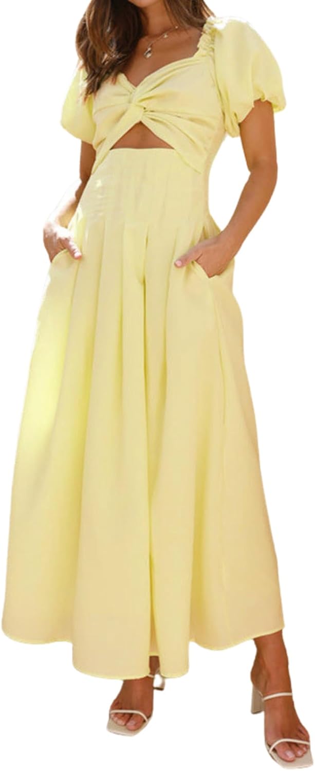 Women's Summer Off The Shoulder Dresses Puff Sleeve Twist Front Cut Out A-Line Dress Casual Maxi Dress with Pockets