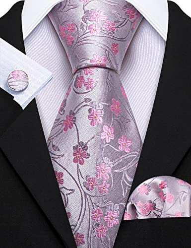 Image of Barry.Wang Flower Ties for Men Handkerchief Cufflinks Set Wedding Necktie Set Party