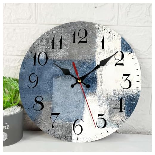 ArtSocket Wooden Wall Clock Silent Non-Ticking, Blue White Grey Abstract Painting Gray Vintage Modern Lines Round Wall Clocks Decor for Home Kitchen Living Room Office(12 Inch)
