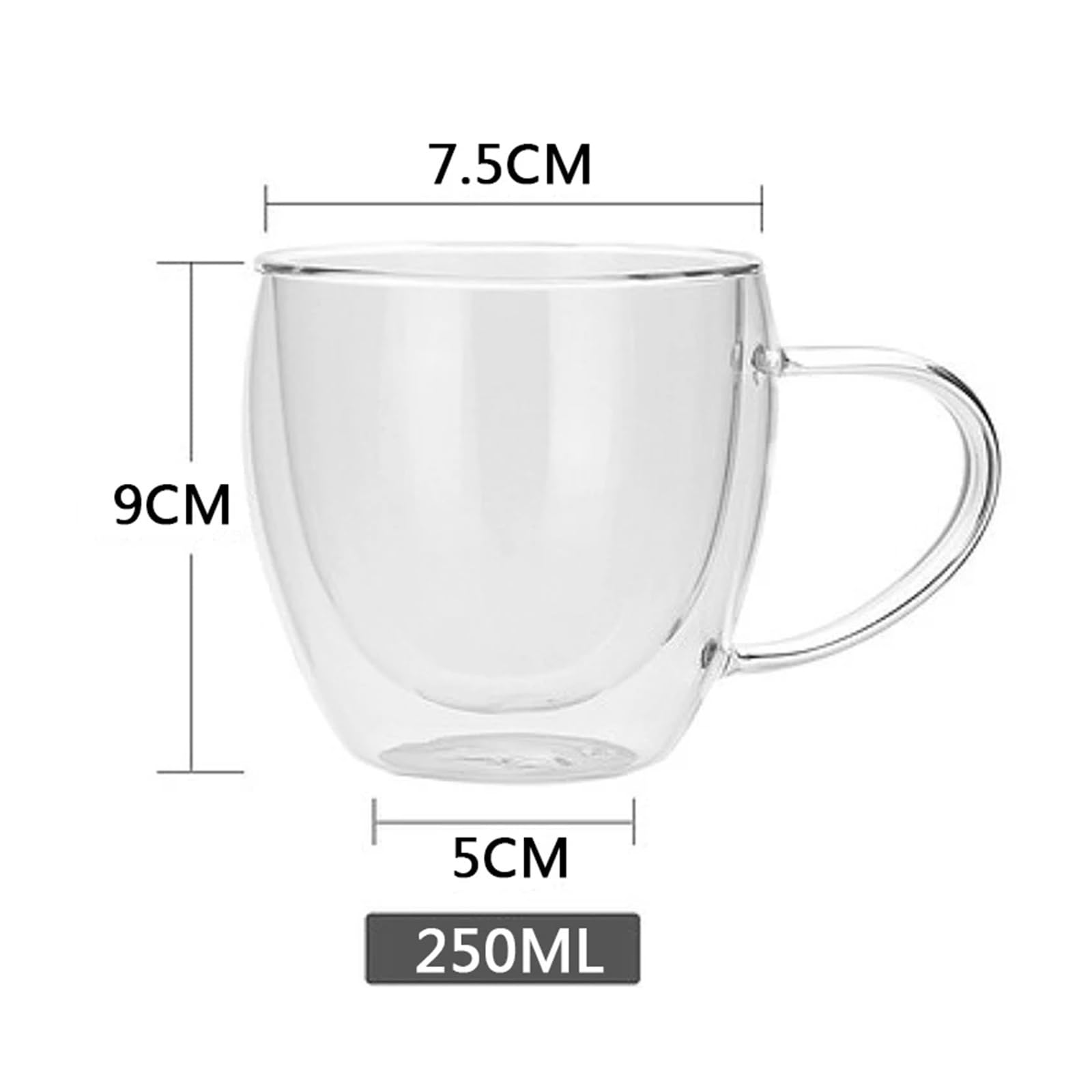 Zestaw 2 do 6 450 ml żaroodpornych podwójnych ścianek szklanych filiżanek do herbaty i kawy, ręcznie robione, kreatywne, zdrowe, zimne, przezroczyste (3 szt., 250 ml) A)