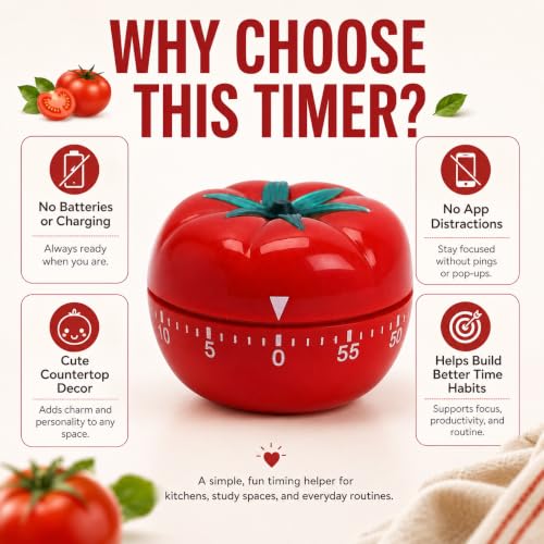 Image of Mechanical Kitchen Timer, Durable Rotary Timer with Loud Bell Alarm,Precise Time Measurement,No Battery Required,Cute Tomato Design for Kitchen,Baking,Study,Office & Daily Time Management