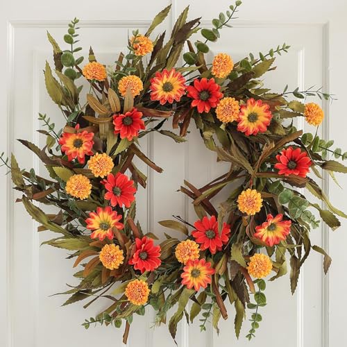 Fall Wreath for Front Door with Pompon mums and...