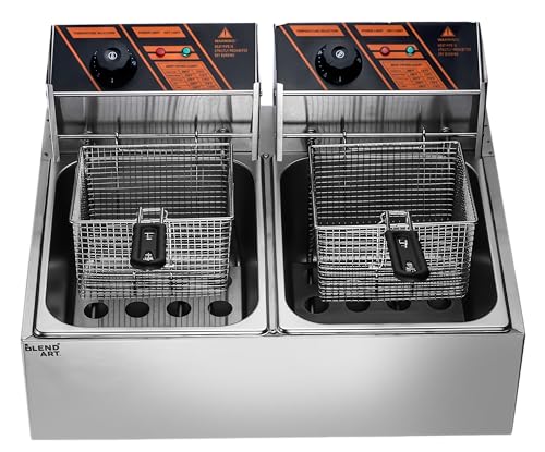 Image of Blend Art Electric Deep Fryer Machine Automatic Hot Oil immersion cooker Frying Basket Elevate Your Culinary Creations Made In India Stainless Steel Body (Double Fryer 6L+6L)