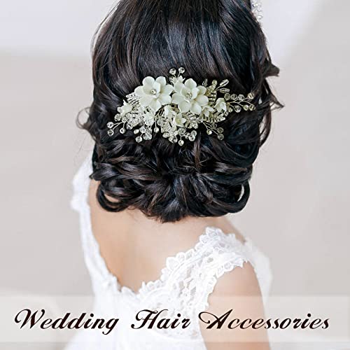 Sooshin Bridal Hair Comb Porcelain Flower Wedding Hair Accessories For Brides Crystal Wedding Headpiece For Bride And Bridesmaids Rhinestone Hair Accessory For Women And Girls (Silver-B) #TOP4