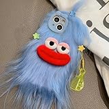 Aeilene Blue Furry Phone Case for iPhone 15, Cute DIY Long Hair Funny Thick Mouth Warm Plush Cases, 3D Cartoon Fuzzy Winter Protective Cover for Women Girls