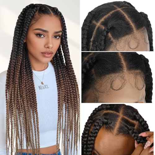 Lady Miranda Full Lace Jumbo Braided Wigs for Black Women Knotless Box Braid Wig with Baby Hair 32' Glueless Wigs Jumbo Box Braids Lace Front Synthetic Wig (1B/30/27)