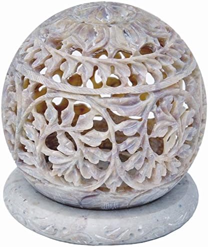 StarZebra Handmade Soapstone Tealight Candle Holder Sphere Shaped with Intricate Tendril Openwork