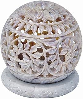 StarZebra Handmade Soapstone Tealight Candle Holder Sphere Shaped with Intricate Tendril Openwork