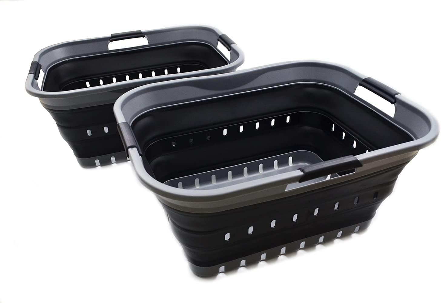 SAMMART 42L (11 gallon) Collapsible Plastic Laundry Basket - Foldable Pop Up Storage Container/Organizer - Portable Basket - Space Saving Hamper/Basket (2, Grey/Black)