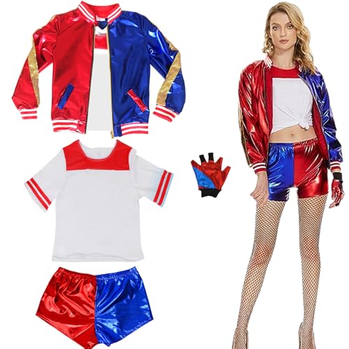 Winric Quinn Disfraz de cosplay para adultos y niños, niñas, villano, kit de disfraz suicida, incluye chaqueta, camiseta, pantalones cortos y guantes para Halloween, carnaval, cosplay
