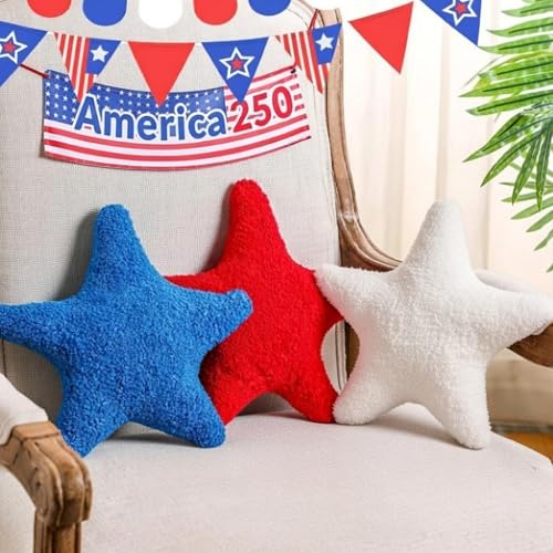 Shappy 3 Pcs 250th Anniversary Patriotic Star Throw Pillows Red White Blue Plush Stuffed Star Pillows 4th of July Decorative Cushions for Memorial Day Independence Day Party Outdoor Home Decor