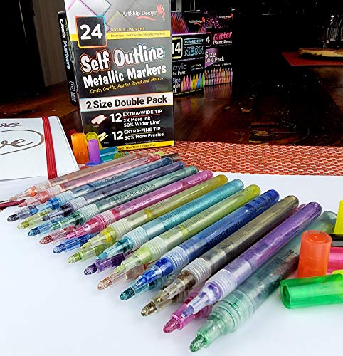 24 Self Outline Metallic Markers, Paint Pen Double Pack Of Both Extra Fine Tip And Medium Tip, Double Line Markers, Self Outline Paint Pens, Journal Pens, Scrap Booking, Cards, Diy Crafts #TOP1