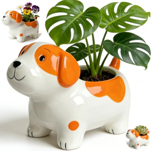 KEEPPACE 5'' Ceramic Cute Dog Planter for Indoor Plants & Drainage Hole-Succulent Pot-Small Dog Flower Herbs Planters, Small Plants Pot-Home Desk Decor, Garden Gift for Dog Lovers