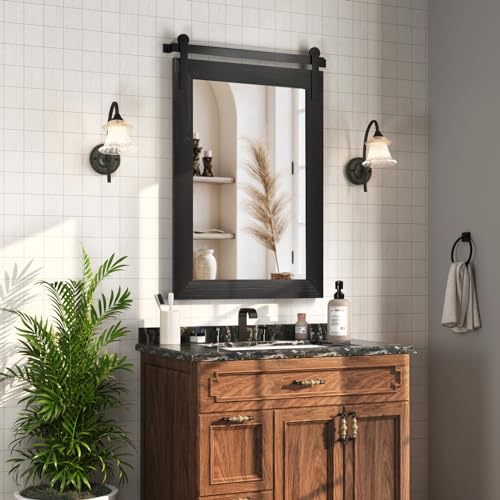 Image of COGOOD Bathroom Mirrors for Over Sink - 42 inch x 29 inch Farmhouse Barn Door Mirror for Living Room, Entryway, Bedroom, Vanity Wall Decor Black