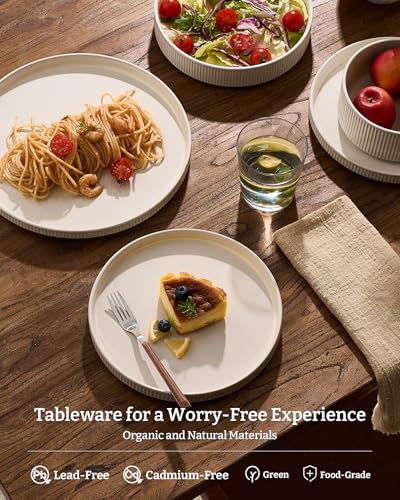 Image of Famiware Stoneware Dinnerware Sets for 8, 24pc Rimmed Plates, Bowls, Dishes | Chip & Scratch Resistant Ceramic, Microwave & Dishwasher Safe, Everyday & Formal Use, Modern Rustic, Lipped Edges, Oat White
