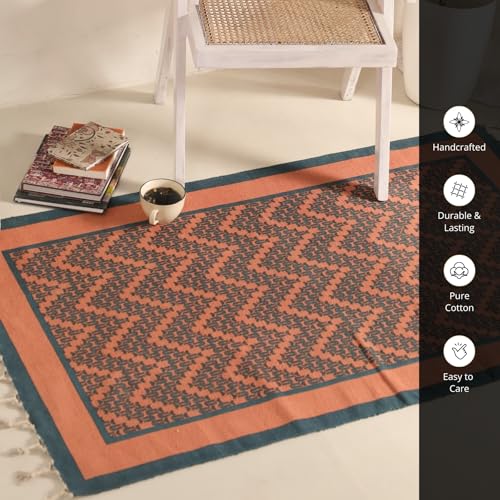 Image of Peepul Tree Handmade Pure Cotton Rugs for Living Room | Multipurpose Carpet for Hall, Bed Room and Corridor | Floor Rugs | Sustainable Dhurrie Rugs | 3x5ft | Teal and Coral | Chintz Collection