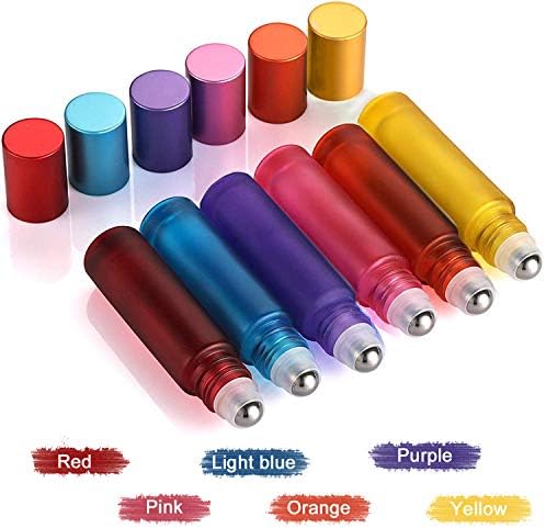 Alledomain 6Pcs, 10ml Essential Oils Roller Bottles, Refillable Empty Colorful Frosted Glass Roll on Bottles with Stainless Steel Ball, Include 1 Dropper & Opener, Perfect for Aromatherapy