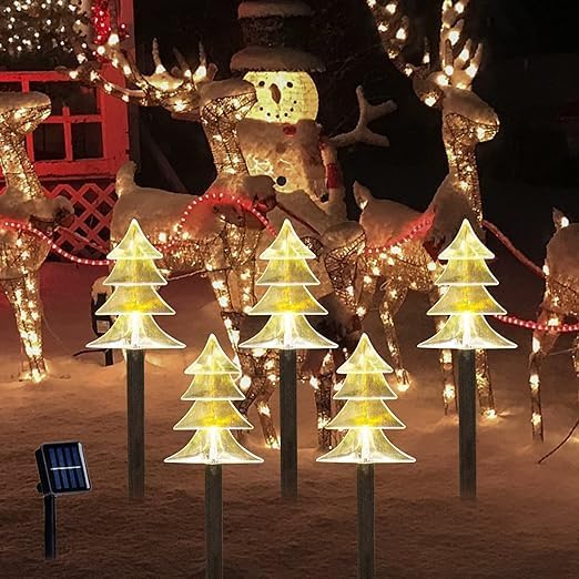 GGEROU Solar Christmas Snowflake Pathway Lights,5PCS Waterproof Solar Powered Snow Stake Lights Outdoor Landscape Lights for Garden Lawn Yard New Year Christmas Decoration (Christmas Tree)