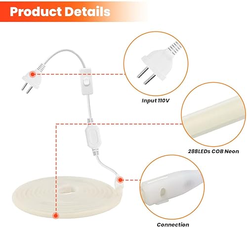 Miniatura 5 de KISUFU COB - Tira de luces LED, luces LED de neón de 110 V, 288 luces LED recortables, tiras de neón flexibles COB, interruptor de correa de