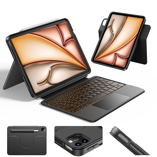 HOU iPad Air 11 Case with Keyboard (M3 2025, M2 2024) Detachable Rotatable Magnetic Full Protection Case, 7-Color Backlight, Touchpad, Elastic Pen Holder for iPad Pro 11 (4th-1st) & Air (5/4th)–Black