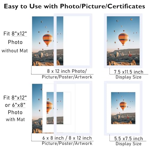 Image of JCJMY 8x12 Picture Frame with 6x8 Mat, White 8 x 12 Photo Frame with Shatter Resistant Plexiglass, Display 6 x 8 with Mat or 8 by 12 Without Mat, Sturdy Wall or Tabletop Frame, 1 Pack