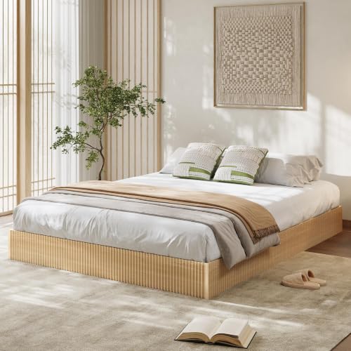 Image of GarveeHome King Size Bed Frame, Wood Platform Bed, Fluted Bed Frame | Minimalist Bed Base with Low Profile Design, Noise-Free, Easy Assembly, No Box Spring Needed, Oak