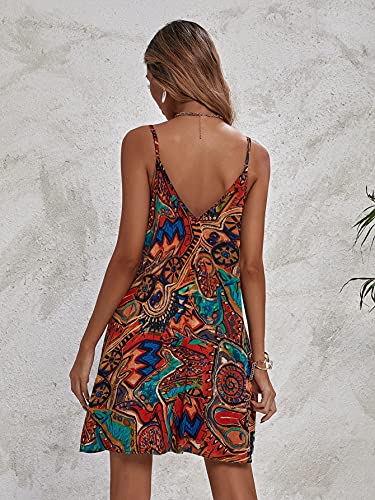SHEIN Women's Graphic Print V Neck Sleeveless Loose Boho A Line Mini Cami Dress Multicolor M