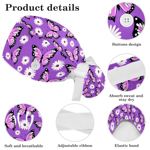 Image of Colored Butterflies Scrub Caps Women Ponytail, Adjustable Bouffant Surgical Caps with Button, Nurse Hats Long Hair