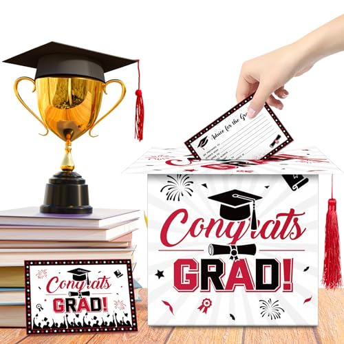Class of 2025 Graduation Card Box White Red Congrats Grad Cap Shaped Card Holder Boxes with Tassel and 48 PCS Advice Wishes Cards for High School College Centerpiece Ceremony Graduation Party
