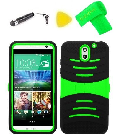 Heavy Duty Hybrid Phone Cover Case Cell Phone Accessory + Extreme Band + Stylus Pen + Yellow Pry Tool For HTC Desire 610 (S-Stand Black Green)