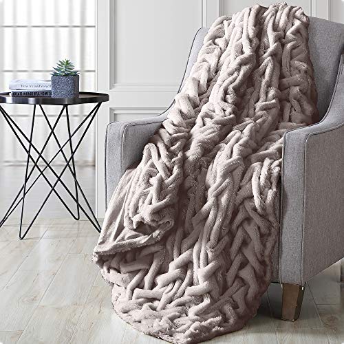 Image of Modern Threads Luxury Solid Braided Faux Fur Reverse to Flannel Throw Blanket, Tan - 50 inch x 60 inch