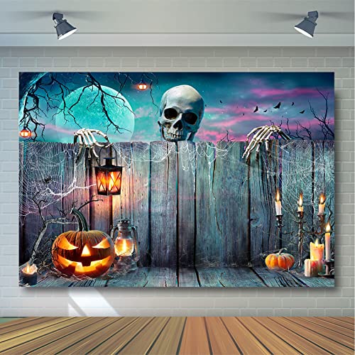Avezano Halloween Backdrop Skeleton Pumpkin Lantern Wooden Spooky Night Party Photography Background Ghost Halloween Party Decorations Photoshoot Photo Backdrop (7X5Ft) #TOP3