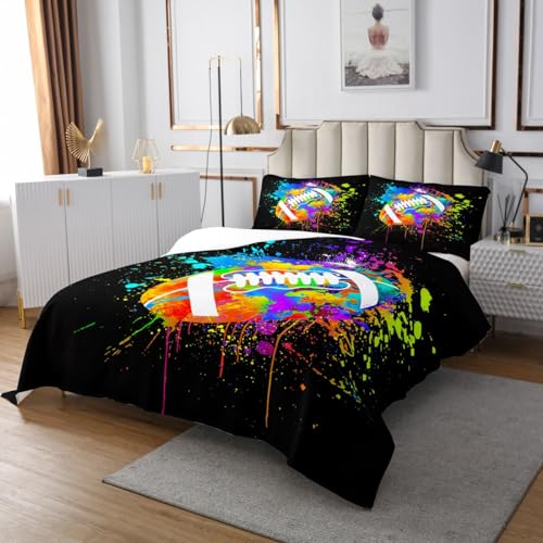 Football Bedspread Set Queen Size for Kids,Boys Watercolor Tie-dye Quilt Set American Football Bedspread Coverlet Black Hippie Graffiti Bedspread 3 Piece Decorative Bedding Quilted with 2 Pillow Shams