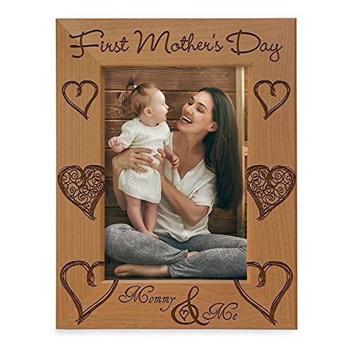 KATE POSH First Mothers Day Photo Frame - Engraved Natural Wood Picture Frame - 1st Mothers Day Gifts New Mommy Gifts First Time Mom Mommy & Me Gifts (4x6-Vertical)