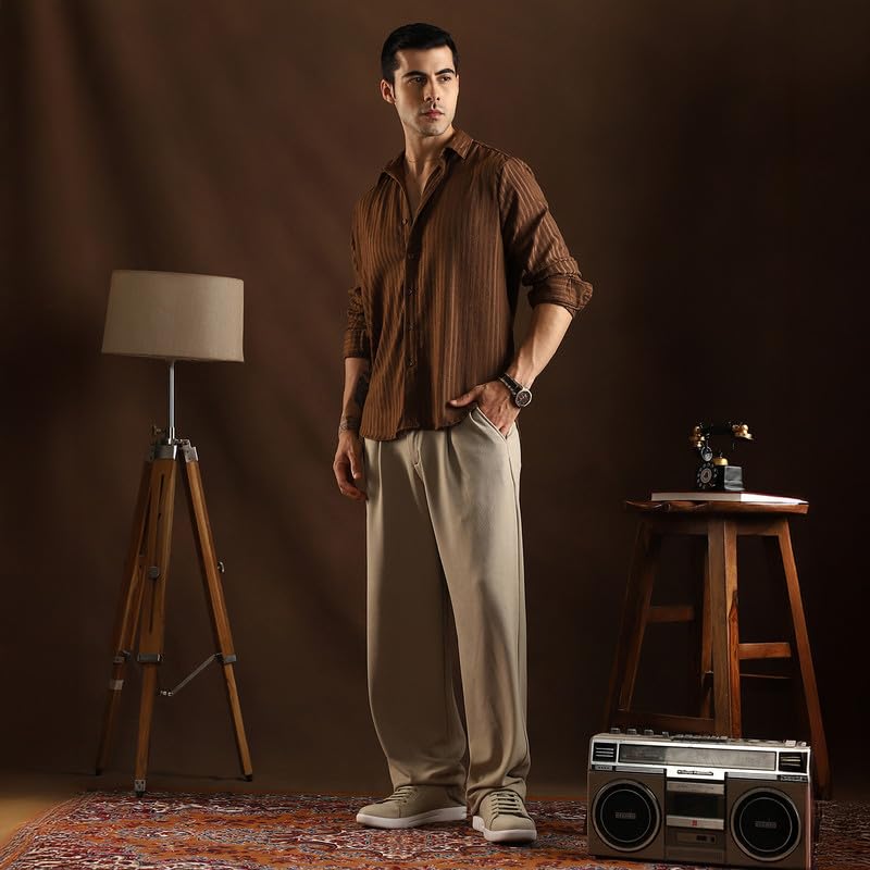 Image of CAHOOT Men Chocolate Brown Ripple Trough Shirt for Casual Wear Mid Rise Regular Fit Button Closure Crafted with Comfort Everyday