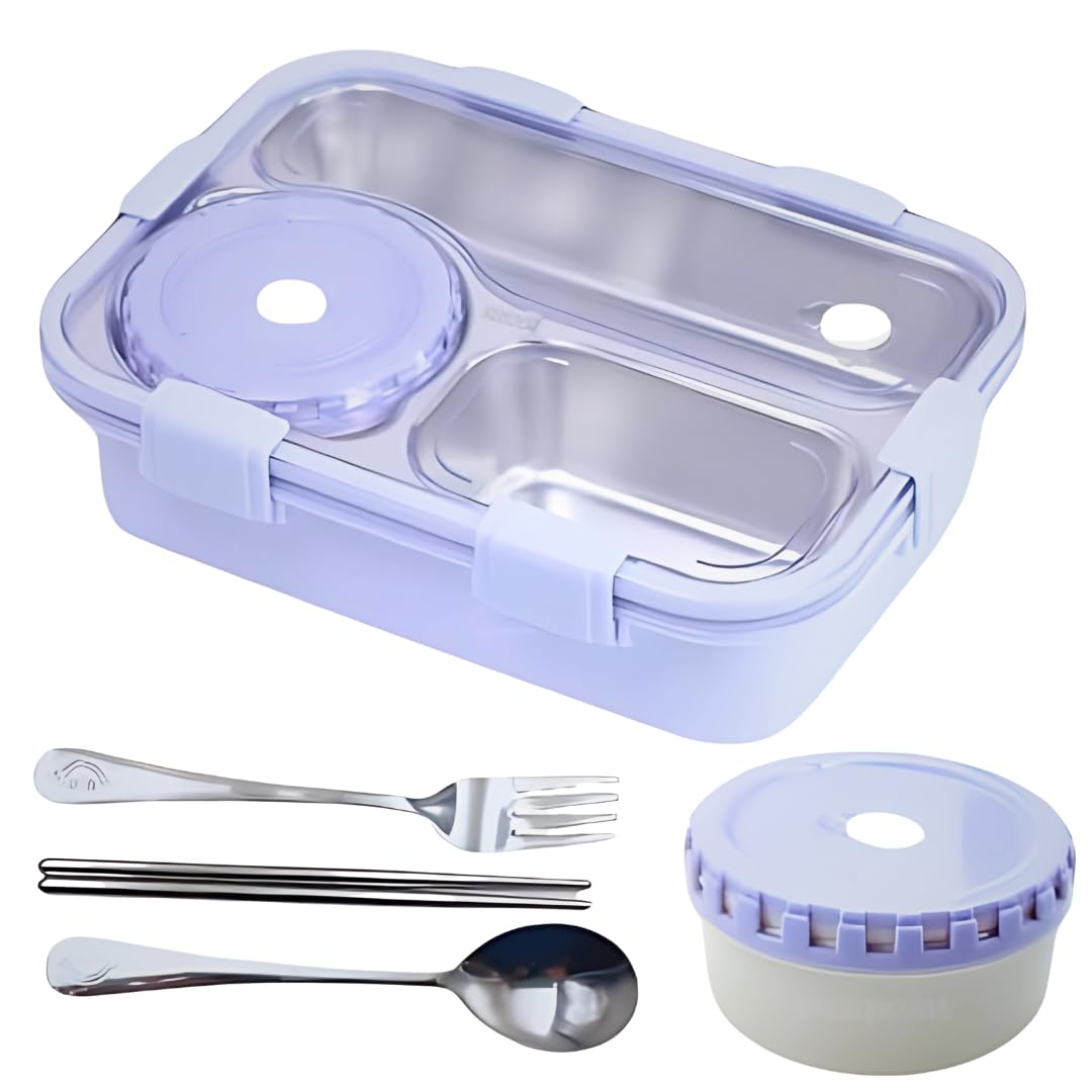 PLUSPOINT Bento Lunch Box Insulated Air Tight Portable Lunch Box with Utensils, Stainless Steel Lunch Box with Containers, Leak Proof Bento Box for Kids, Adults, Men Women (Purple),750 ML