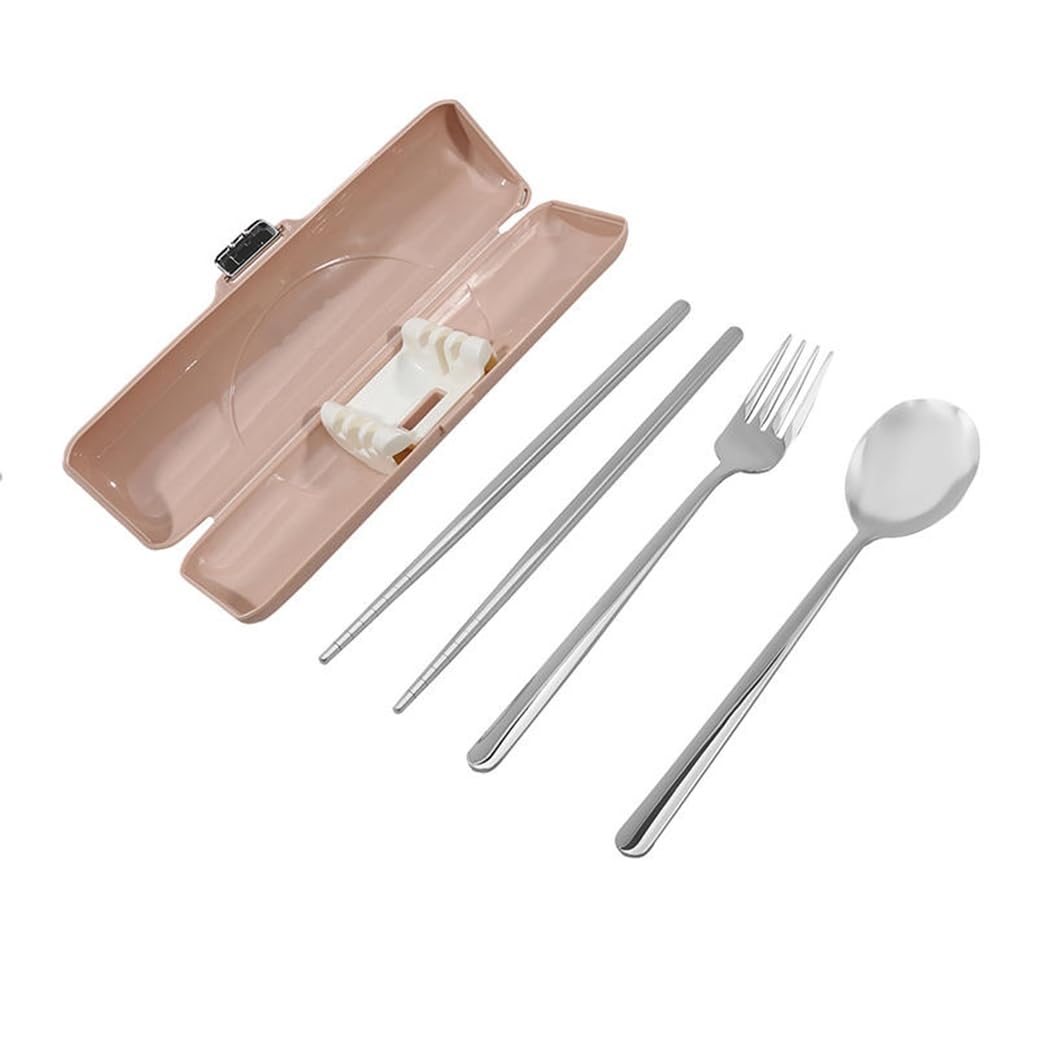 Generic Two-Piece Stainless Steel Portable Cutlery Flatware Set Travel Camping Portable Fork Spoon Chopsticks With Case(Pink-3Pcs)