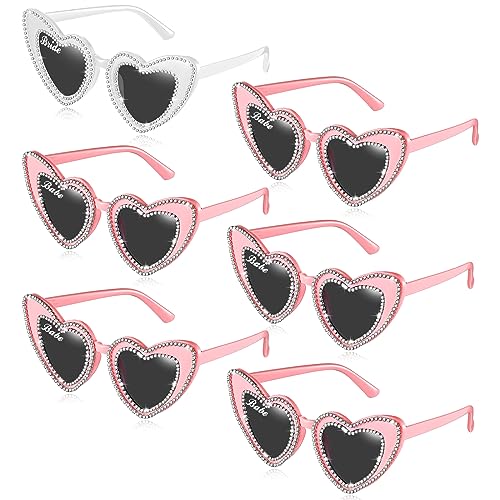 Xuhal 6 Pair Heart Sunglasses for Bride Bridesmaid Vintage Bling Rhinestone Sunglasses for Wedding Bridal Bachelorette Party