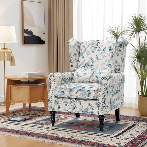 Elegantfurn Floral Wingback Chair – Mid Century Modern Vintage High Back Upholstered Armchair with Solid Wooden Legs & Brass Nailhead Trim, Leisure Single Sofa Lounge Chair