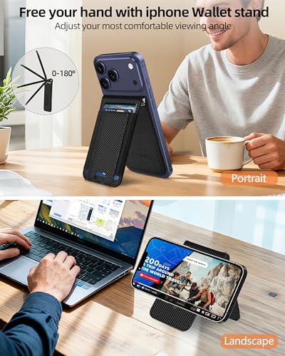 Image of ExtreLife MagSafe Wallet with Money Clip, Work with Apple Find My, Magnetic Phone Wallet Stand for iPhone 17 /16 /15 /14 /13 /12 Series, 8 Card Holder, RFID Blocking, Rechargeable, Carbon Fiber Black