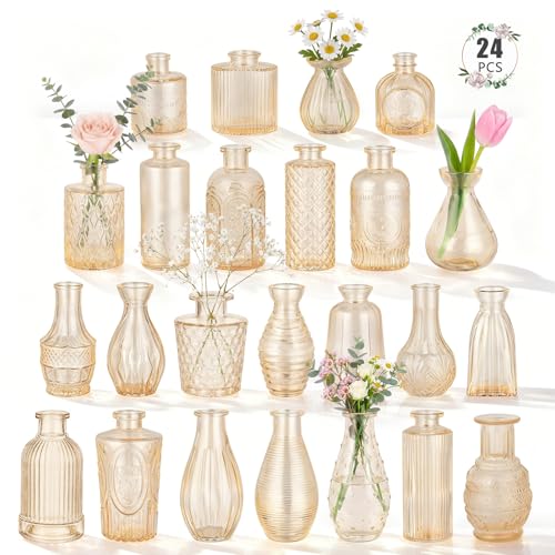 24 Pack Bud Vase in Bulk - BEAHOT Gold Flower Vases for Wedding Decorations Glass Vase for Table Decorations Small Vase for Home Mothers Day Centerpieces Party Office (Gold)