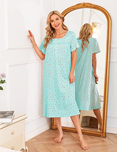 Image of Bloggerlove Nightgowns for Women Soft 100% Cotton House Dress Short /Long Sleeve Night Gowns Comfy Sleepwear S-3XL