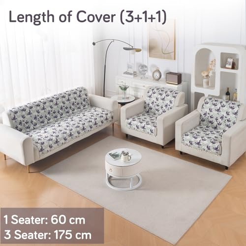 Image of HOKIPO Lavender Vine Quilted Sofa Cover 5 Seater Set - Washable 3+1+1 Sofa Cover for Seat & Back with Tassel Design | 'Tassel Twigs' Series (IN-991-T1 + IN-989-T1)