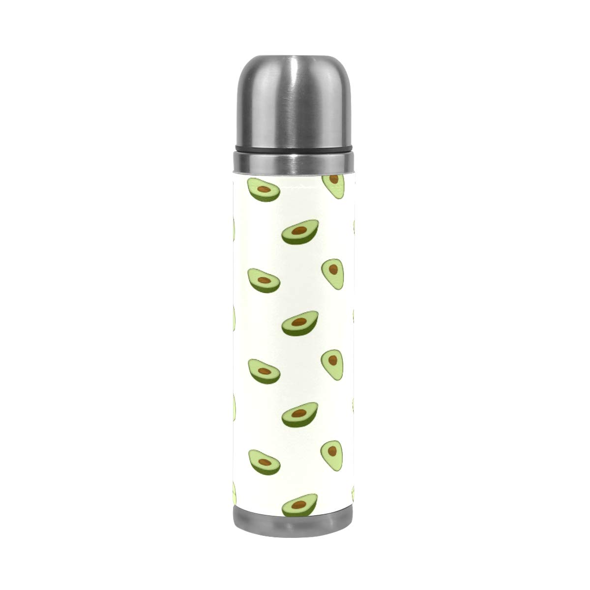Taza de viaje aislada al vacío de acero inoxidable con doble pared a prueba de fugas, diseño de aguacate personalizado impreso en piel auténtica, termo termo de 500 ml