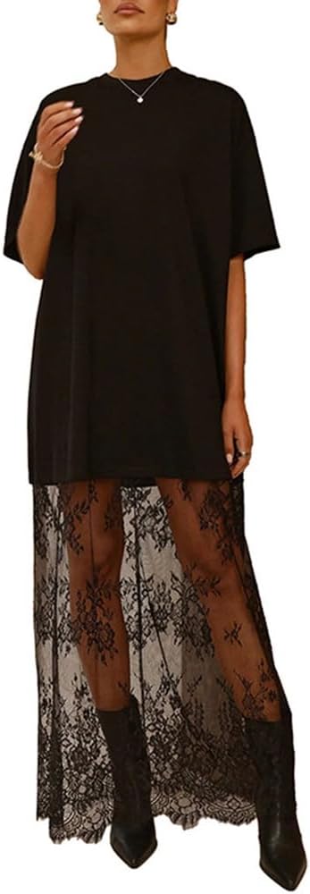 Melliflo Women's Trendy Lace Hem Patchwork Maxi Dress Short Sleeve Crew Neck T Shirt Dress Casual Loose Fit Solid Dresses