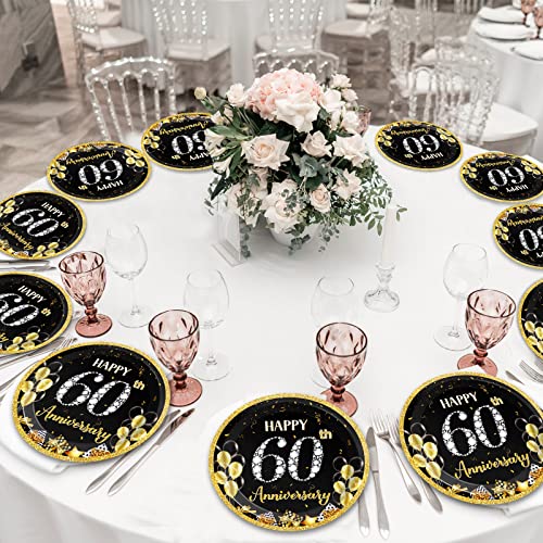 Image of Qyeahkj 48pcs 60th Anniversary Party Plates 60th Wedding Anniversary Disposable Paper Dessert Plates Supplies for Black and Gold Dessert Plates Tableware Decorations