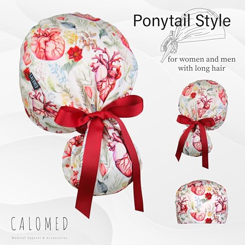 Image of Scrub Cap for Women and Men, Ponytail Scrub Caps, Working Hat, Head Cover with Ribbon Ties and Buttons, Long Hair