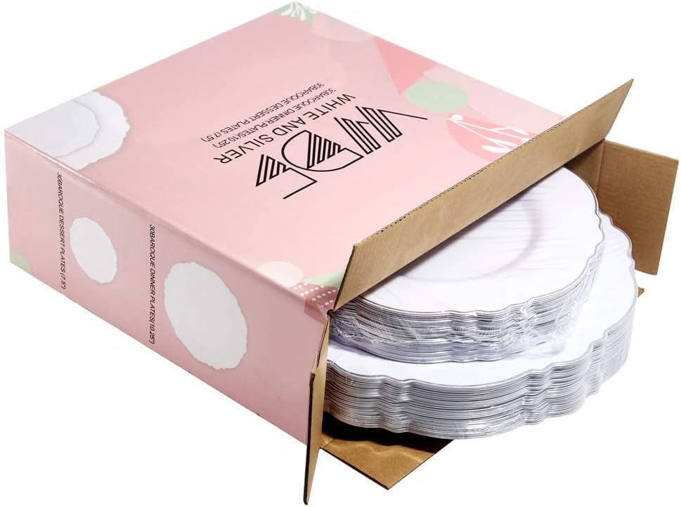 WDF 60pcs Silver Plastic Plates-Baroque White &Silver Plates for Upscale Parties &Wedding-including 30Plastic Dinner Plate 10.25inch, 30 Salad Plate 7.5inch for Valentine's Day - Image 5