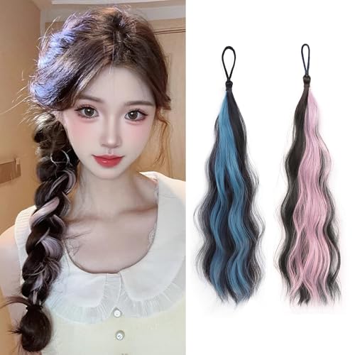 CHANGJIQ ヘアエクステ キッズ ２本 カラーエクステ エクステンション ポニーテール メッシュ 巻き髪 自然 つけ毛 ポニーテールウィッグ ロング 耐熱 取り付け簡単 アイロン可能 毛束 ダンス 子供 レディース ゴム付き 三つ編み お団子 (ピンク+ブルー)のサムネイル