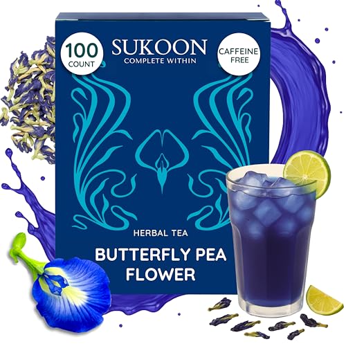 Image of Sukoon Organic Butterfly Pea Flower Tea loose leaf - 4.4 oz (125gm) - Caffeine Free, Herbal, Dried Butterfly Pea Flowers purple food coloring for cocktails